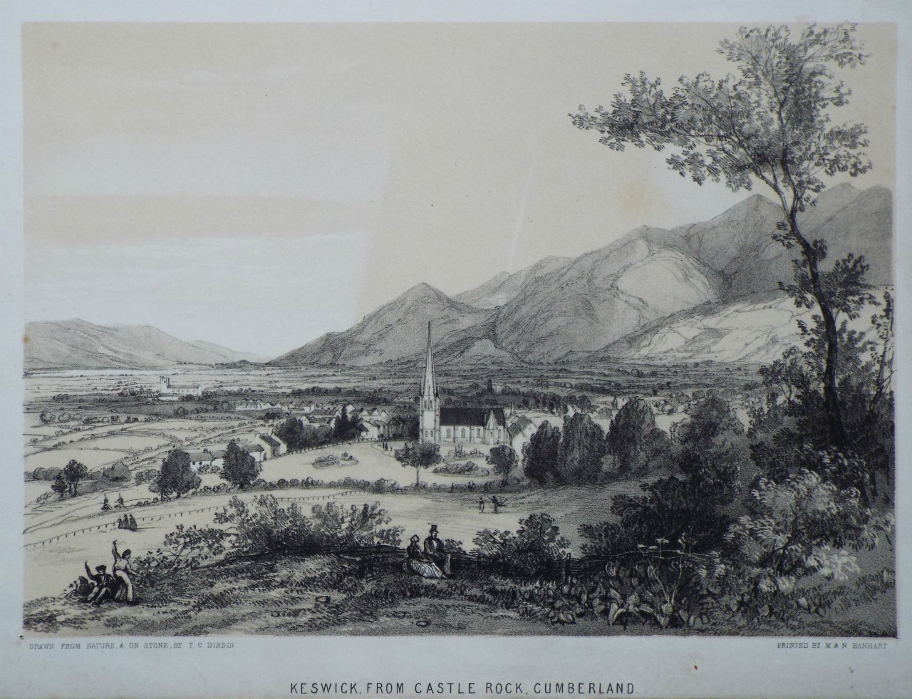 Lithograph - Keswick, from Castle Rock, Cumberland. - Dibdin