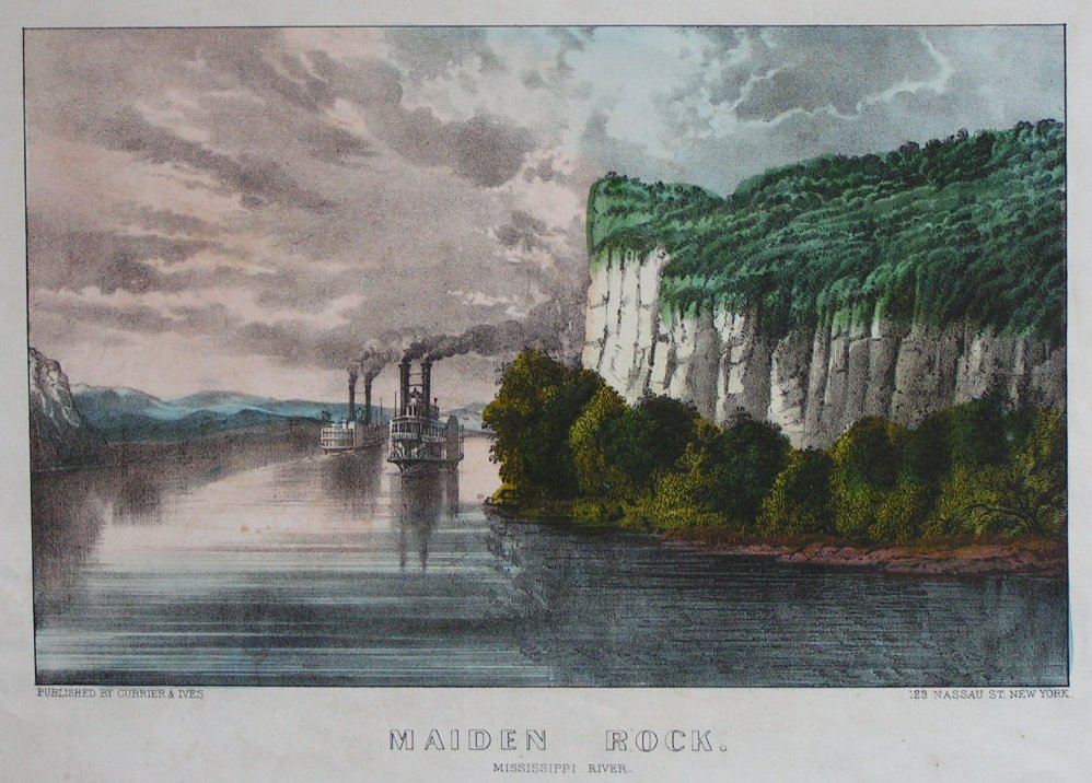 Woodblock - Maiden Rock. Mississippi River.