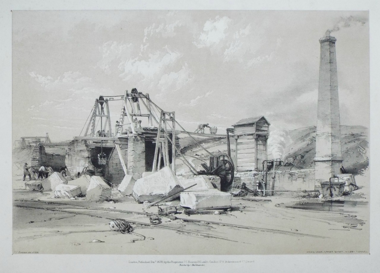 Lithograph - Head Gear, Great Shaft, Kilsby Tunnel. - Bourne