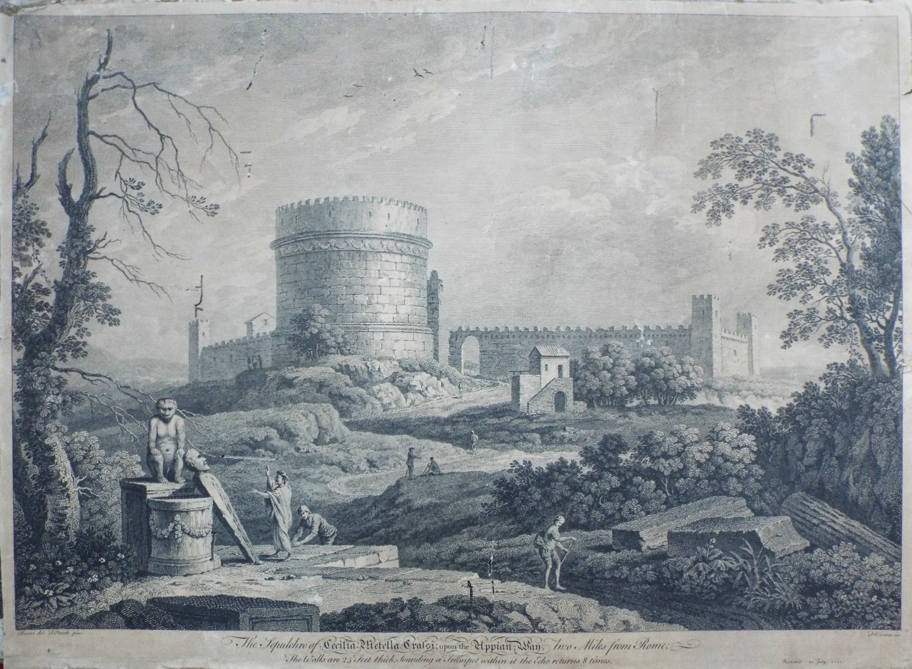 Print - The Sepulchre of Ceclia Metella Crassi; upon the Appian Way, Two Miles from Rome.
The Walls are 25 Feet thick, founding a Trumpet within it the Echo returns 8 times.Rome - Vivares