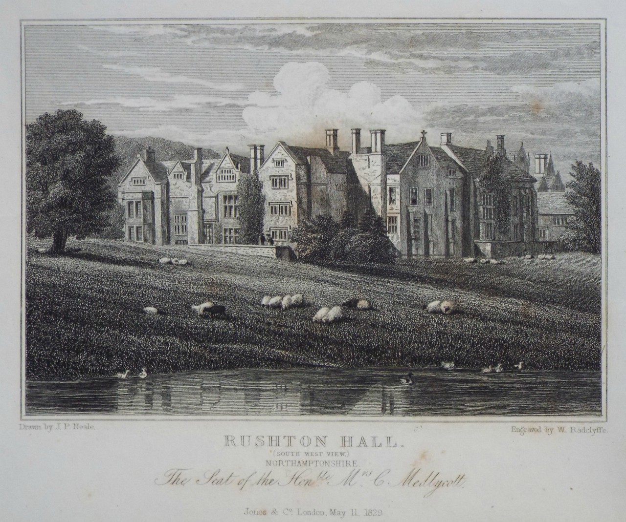 Print - Rushton Hall, (South West Front) Northamptonshire. The Seat of the Honble. Mrs C. Medlycotte. - Radclyffe