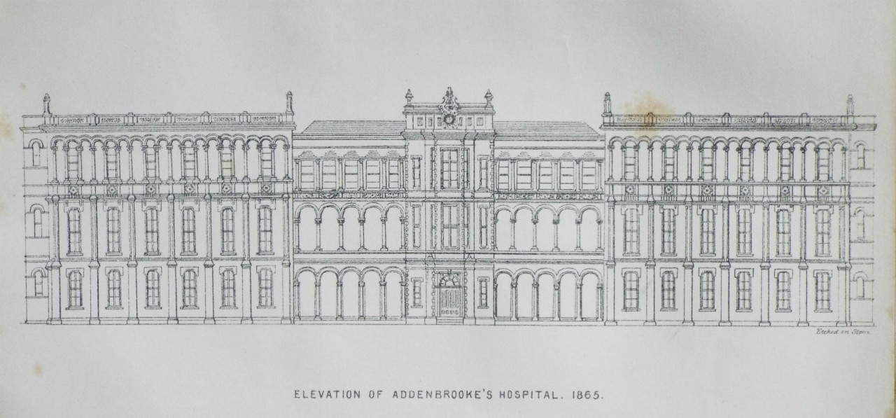 Lithograph - Elevation of Addenbrooke's Hospital. 1865.