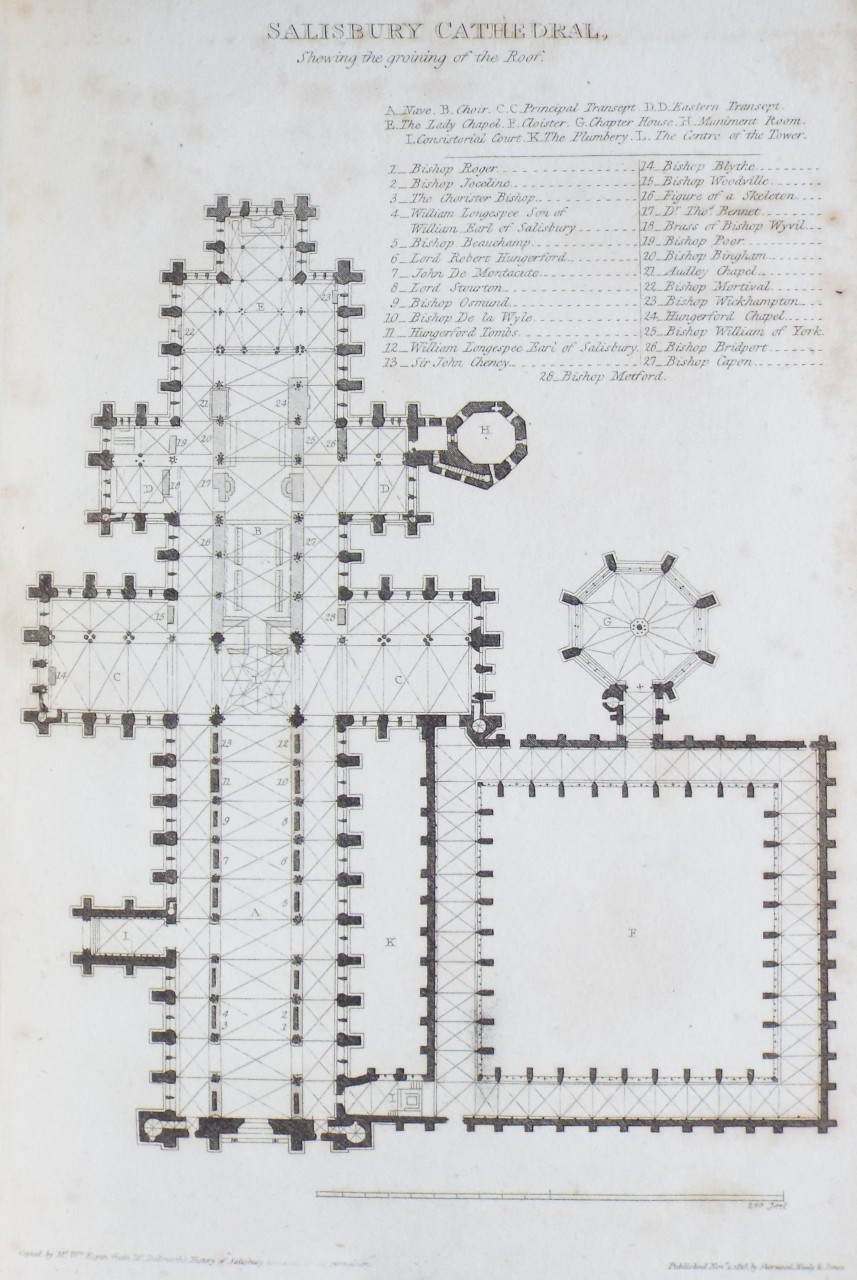 Print - Salisbury Cathedral, showing the groining of the roof. - Storer