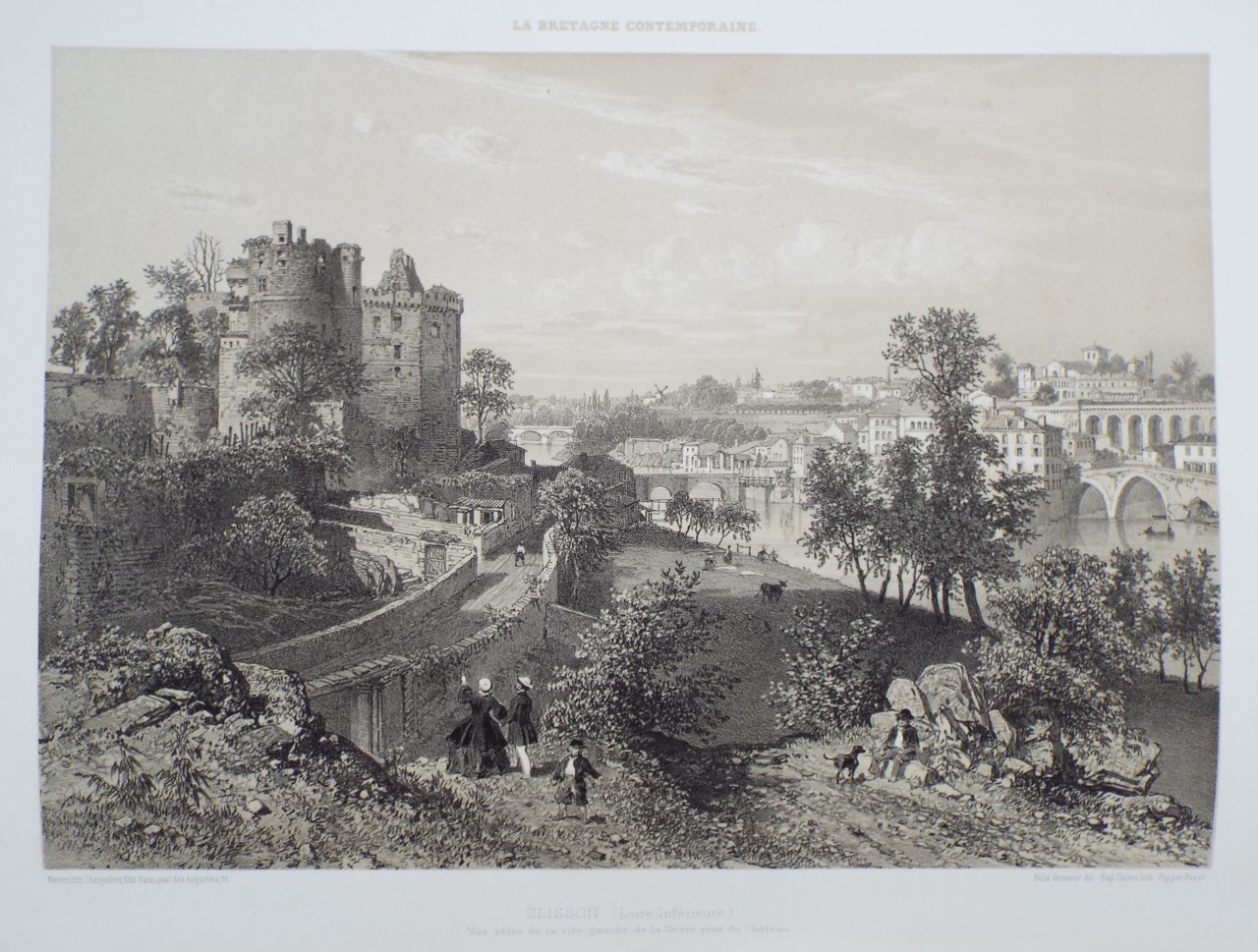 Lithograph - Clisson (Loire-Inferieure) Vue prise de la rive gauche de la Sevre pres du Chateau. - Ciceri