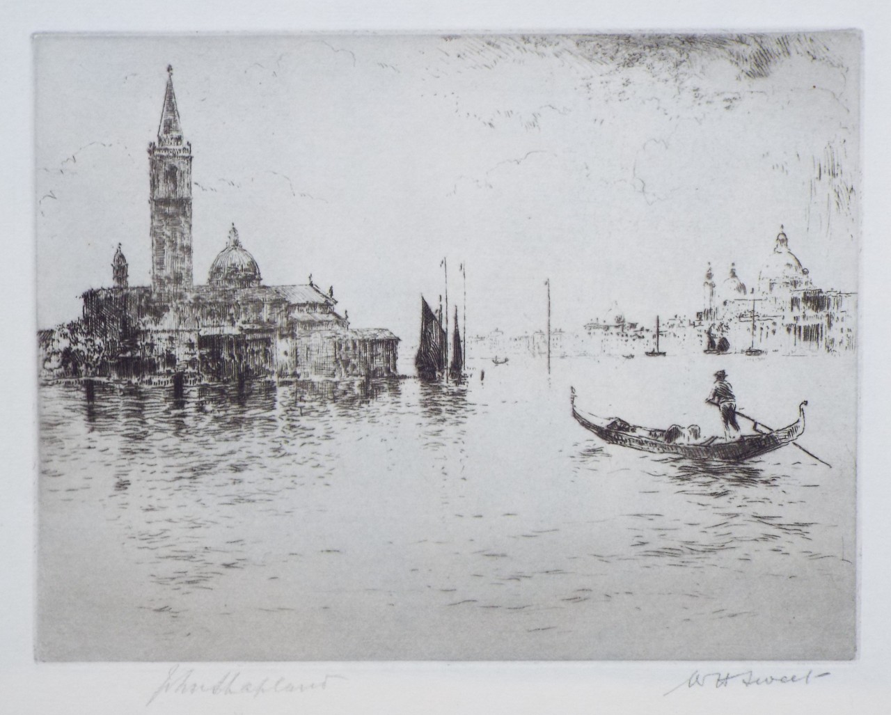 Etching - Basilica di Santa Maria della Salute from a lagoon in Venice - Shapland