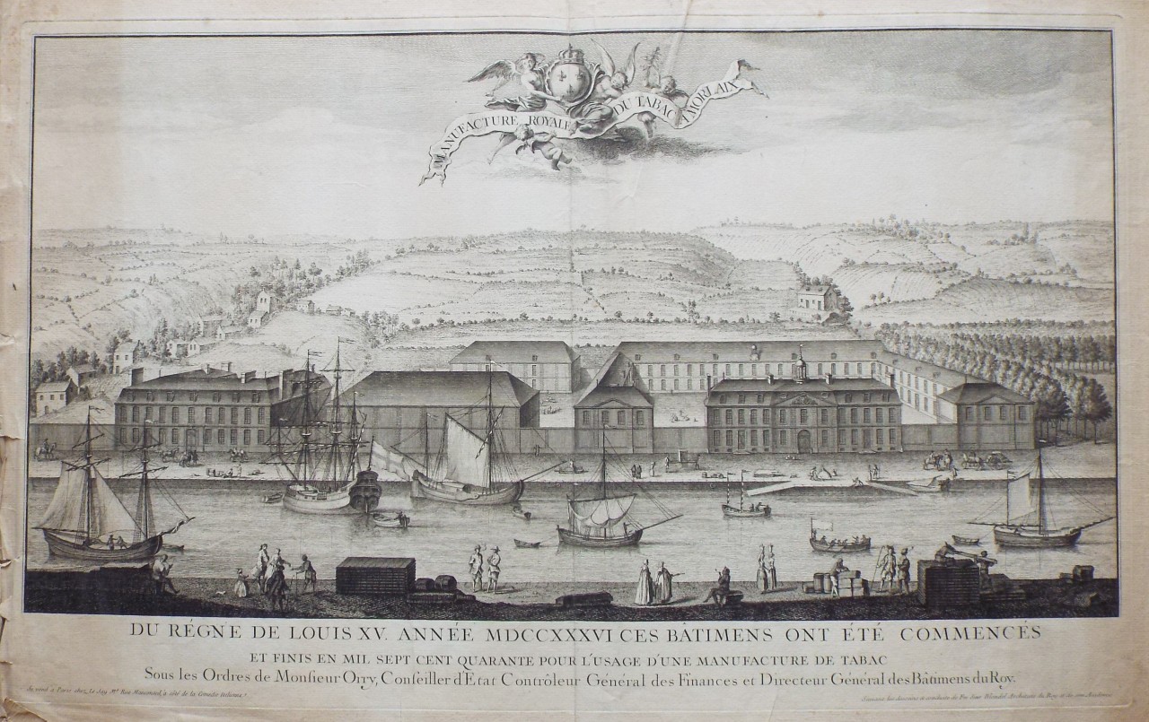 Print - Manufacture Royale du Tabac a Morlaix. Du Regne de Louis XV. Annee MDCCXXXVI ces Batiments ont ete Commences et Finis en Mil Sept Cent Quarante pour l'usage d'une Manufacture de Tabac Sous les Ordres de Monsieur Orry, Conseiller d'Etat Controleur General des Finances et Directeur General des Batiments du Roy.