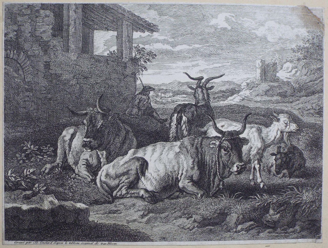 Print - Herd of goats following a shepherd on a path, and walking past a group formed by a man, two donkeys and a goat - Guelard