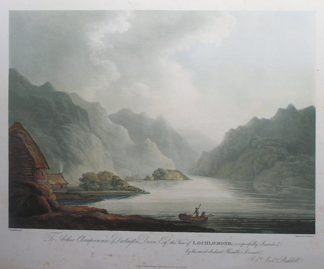 Aquatint - To Arthur Champernonne, of Dartington, Devon, Esqr. this View of Lochlomond, is respectfully Inscribed by His Grace's most obedient Humble Servant Robt. Andw. Riddell - Robertson
