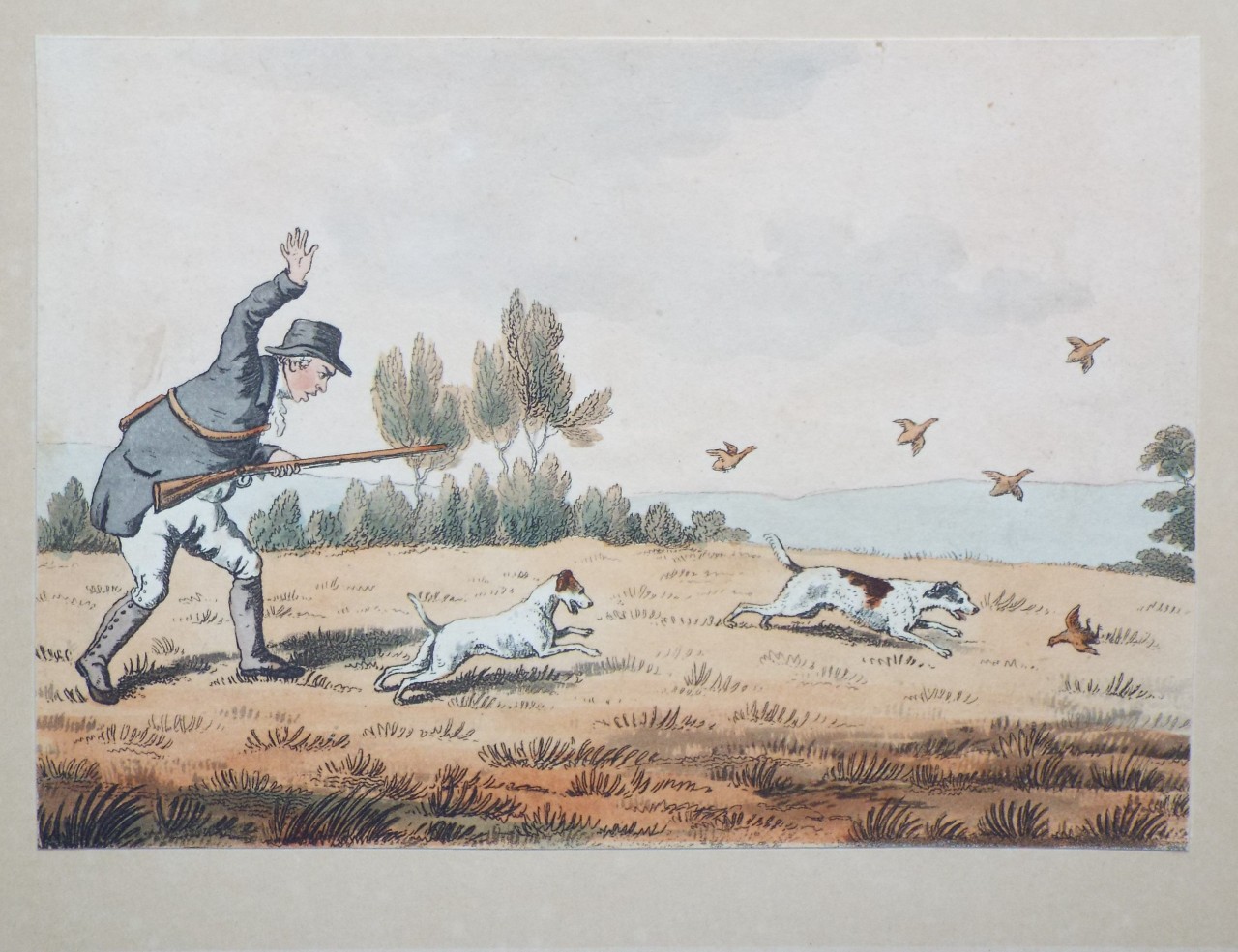 Aquatint - Sportsman raising right arm; dogs approaching wounded bird. - Woodman