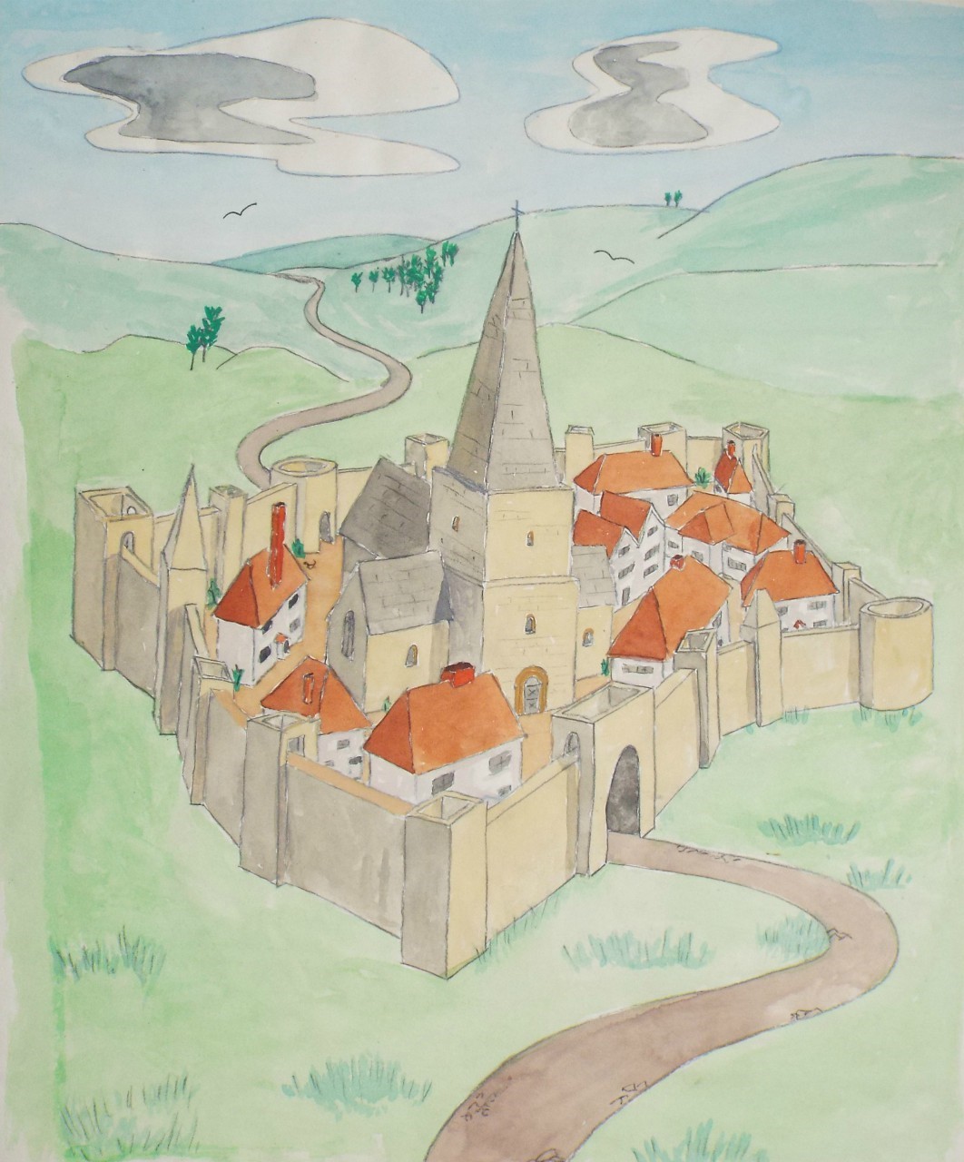 Watercolour - Fantasy Walled Village