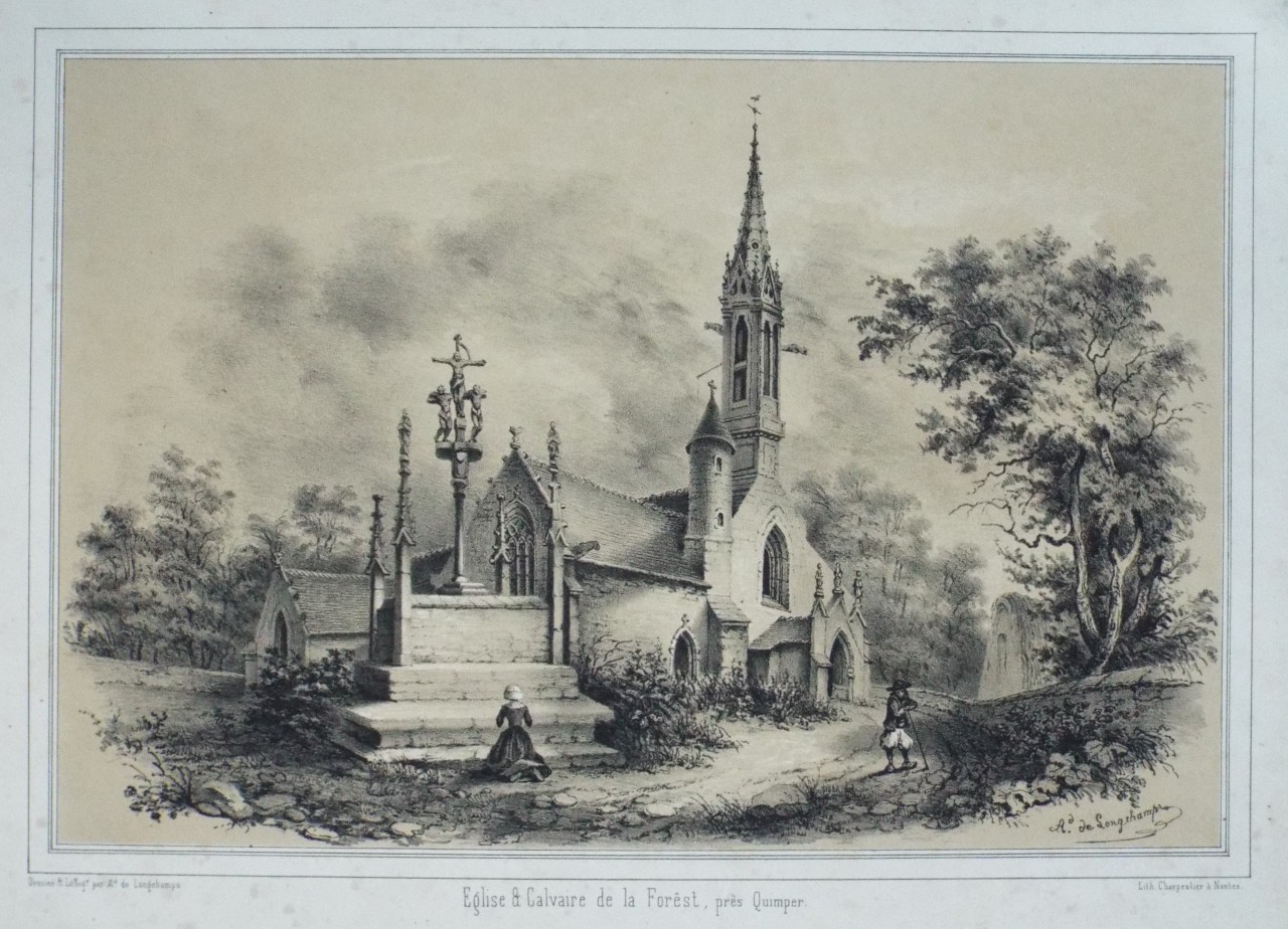 Lithograph - Eglise et Calvaire de la Forest, pres Quimper. - Longchamps