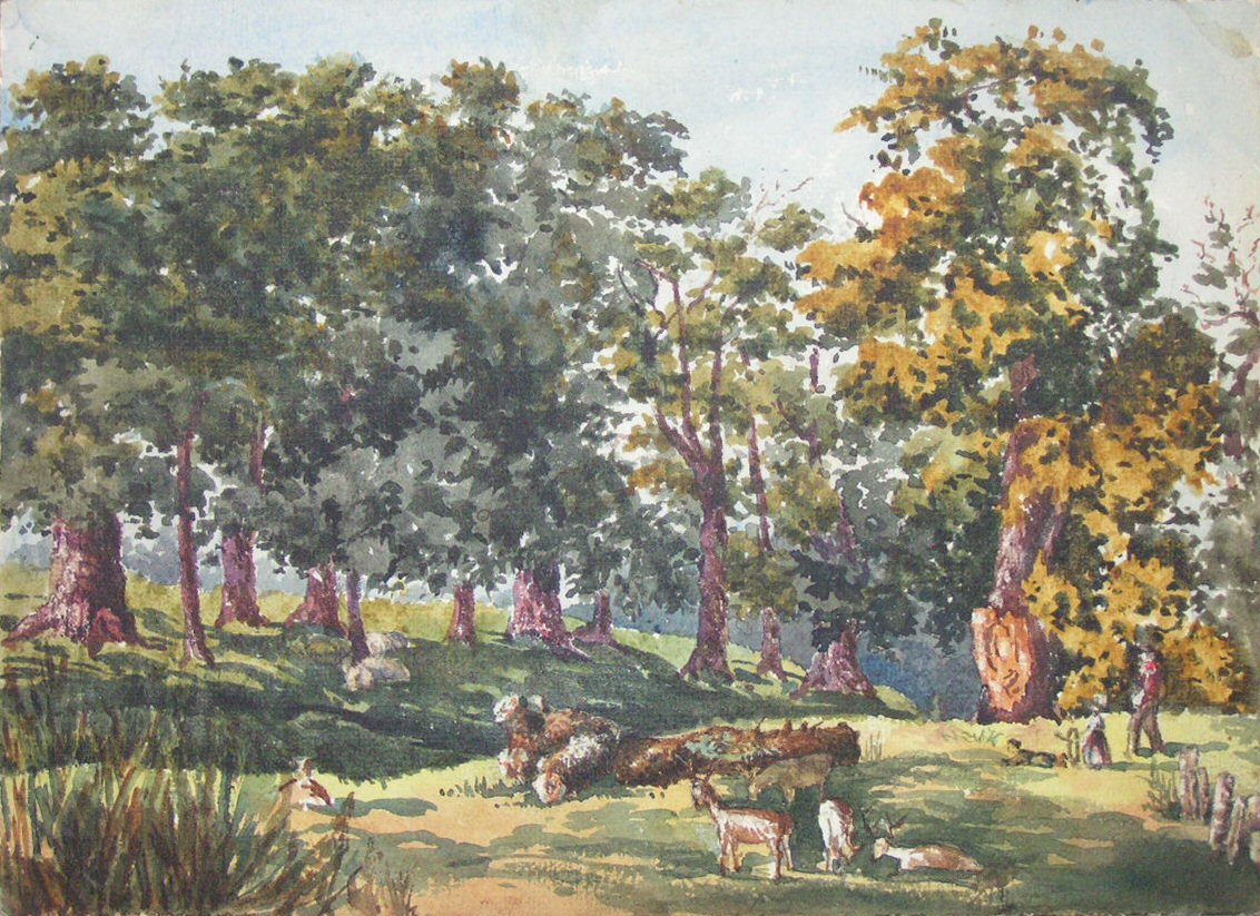 Watercolour - Landscape with trees and deer
