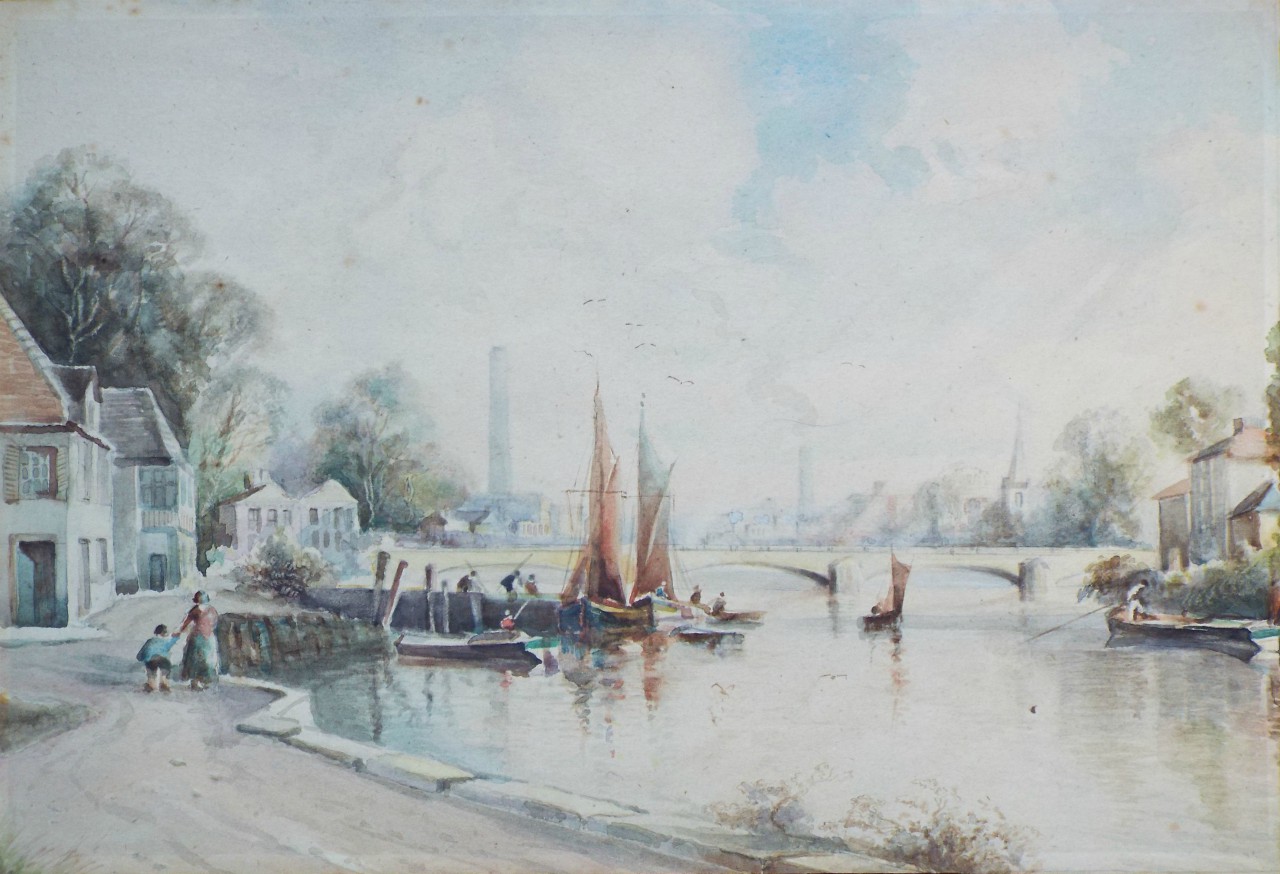 Watercolour - River scene in an industrial landscape