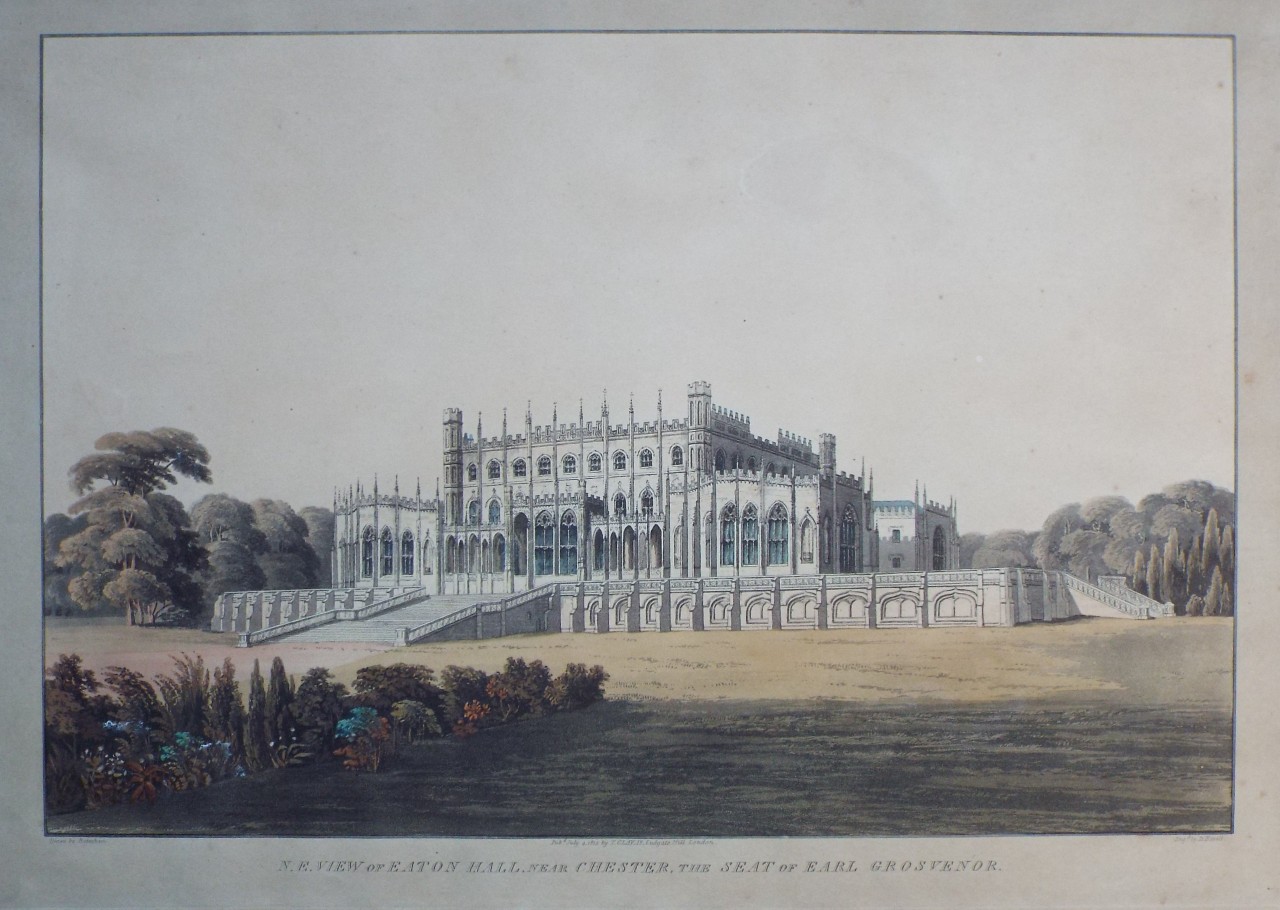 Aquatint - N.E. View of Eaton Hall, Near Chester, the Seat of Earl Grosvenor. - Havell