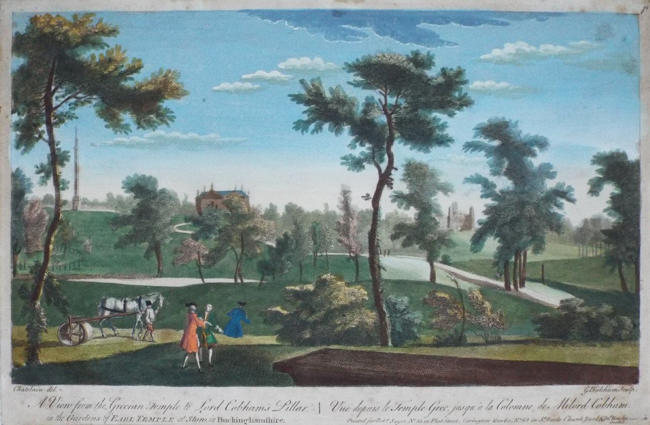 Print - View from the Grecian Temple to Lord Cobham's Pillar, in the Gardens of Earl Temple at Stow, in Buckinghamshire. Vue depuis le Temple Grec, jusqu'a a la Colomne de Milord Cobham. - Bickham