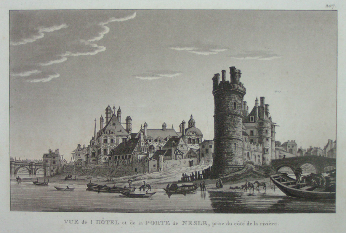 Aquatint - Vue de l'Hotel et de la Port de Nesle, prise du cote de la riviere.