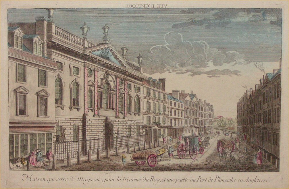 Print - Vue d'Optique. Maison qui serre de Magasins, pour la Marine du Roy, et une parti du Port de Plimouthe en Angleterre