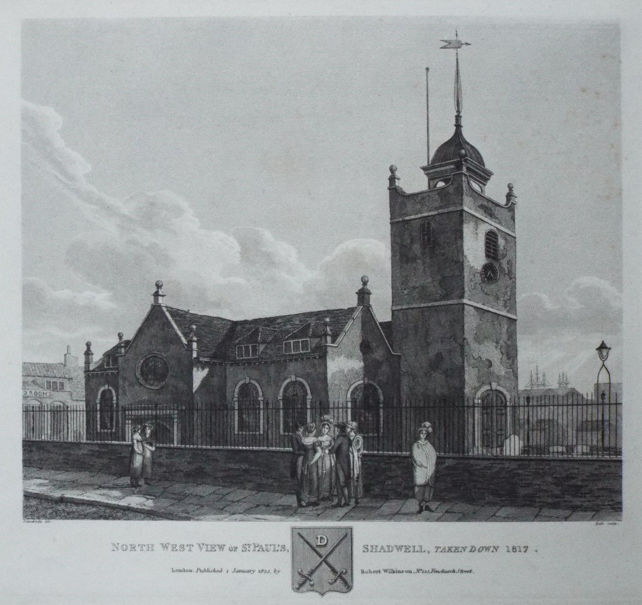 Print - North West View of St. Paul's, Shadwell, taken down 1817. - 