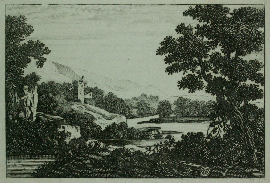 Etching - (River landscape with ruined tower)