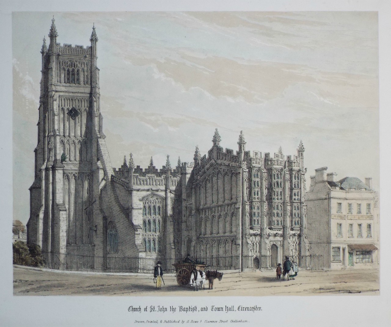 Lithograph - Church of St. John the Baptist, and Town Hall, Cirencester. - Rowe