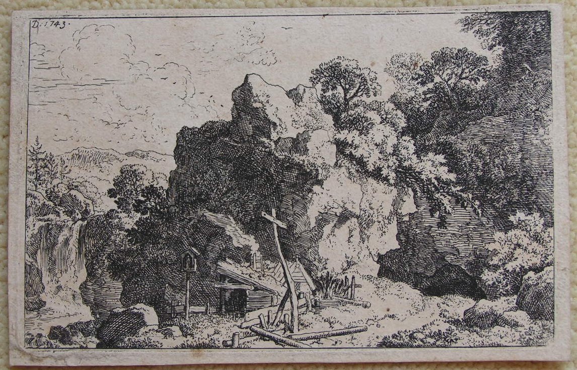 Etching - (Hermit's hut in rocky terrain with waterfall) - Dietrich