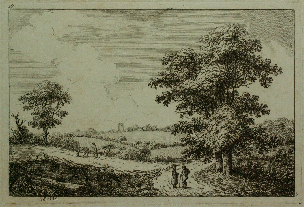 Etching - (Landscape with a country lane and village in background) - Edwards