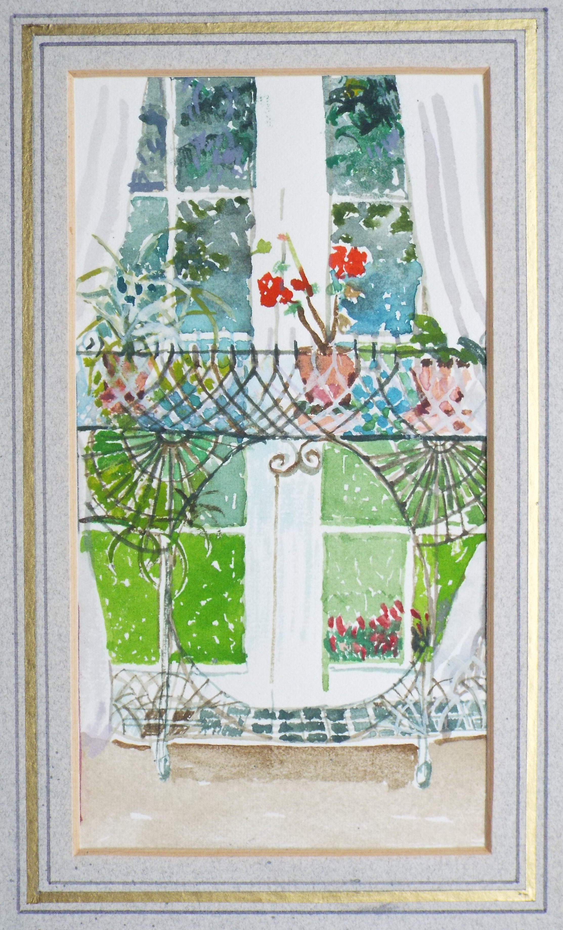 Watercolour - Wirework pot stand in fron of a window