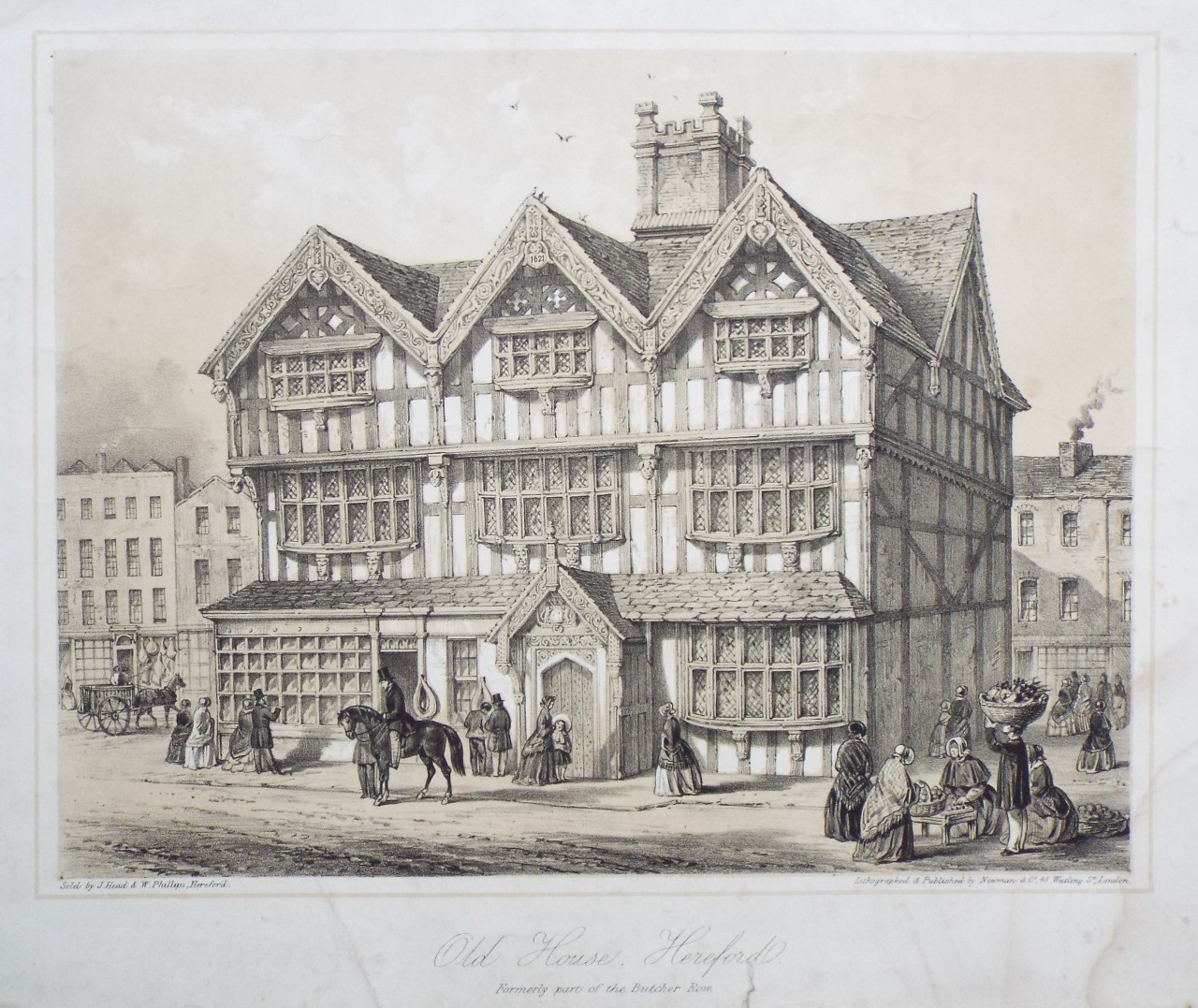 Lithograph - Old House, Hereford. Formerly part of the Butcher Row. - Newman