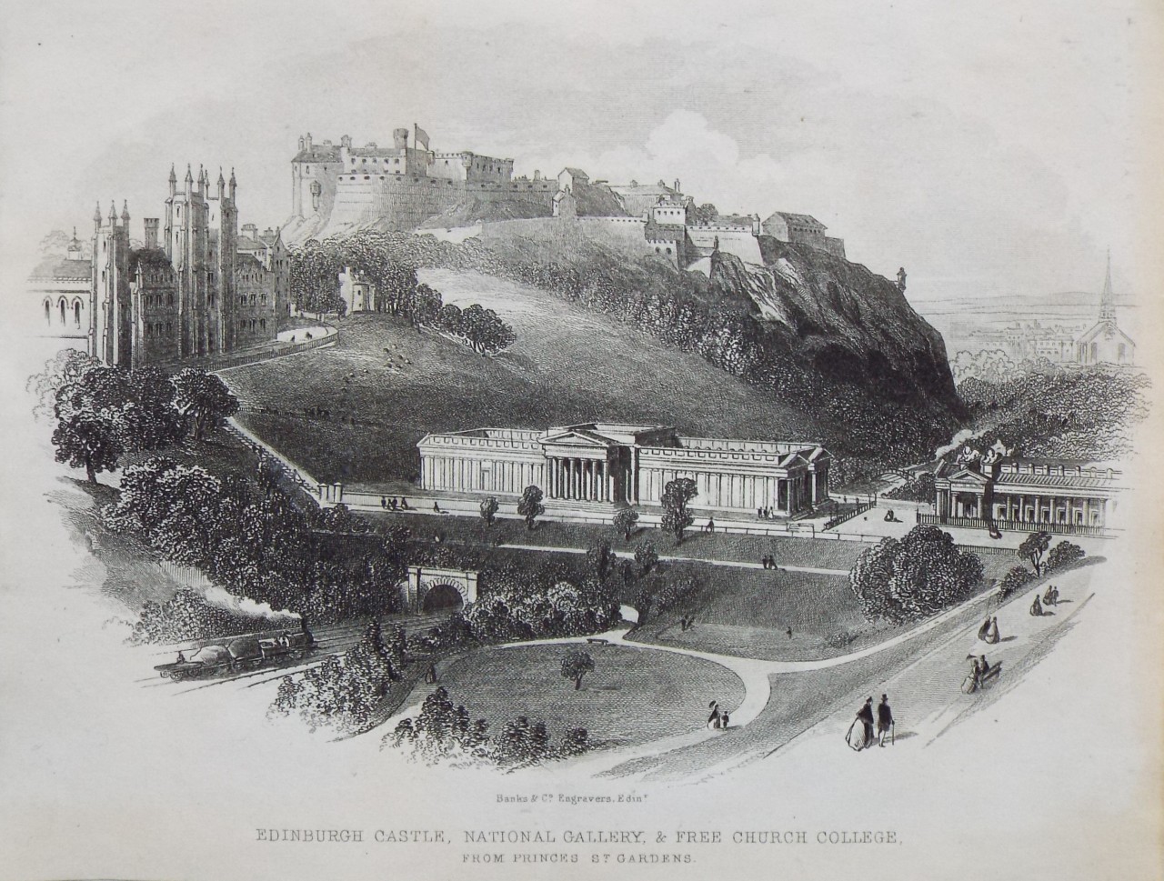 Steel Vignette - Edinburgh Castle, National Gallery, & Free Church College, from Princes St. Gardens. - Banks