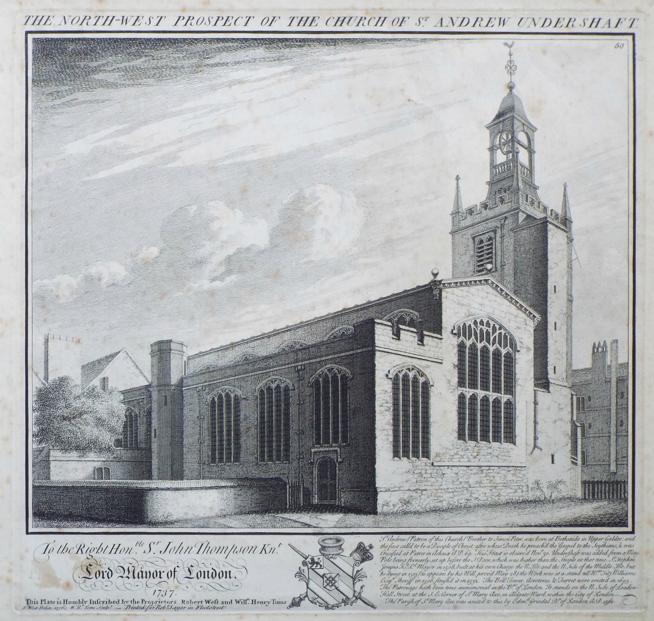 Print - The North-West Prospect of the Church of St. Andrew Undershaft. To the Right Honble. Sr. John Thompson Knt. Lord Mayor of London. 1737. - Toms