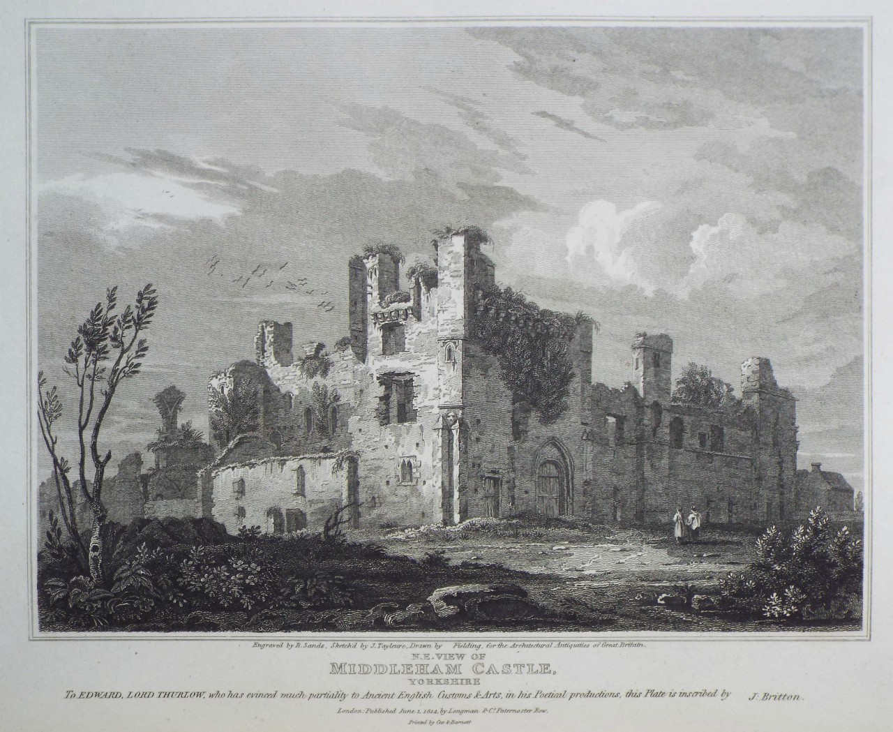 Print - N. E. View of Middleham Castle, Yorkshire. - Sands