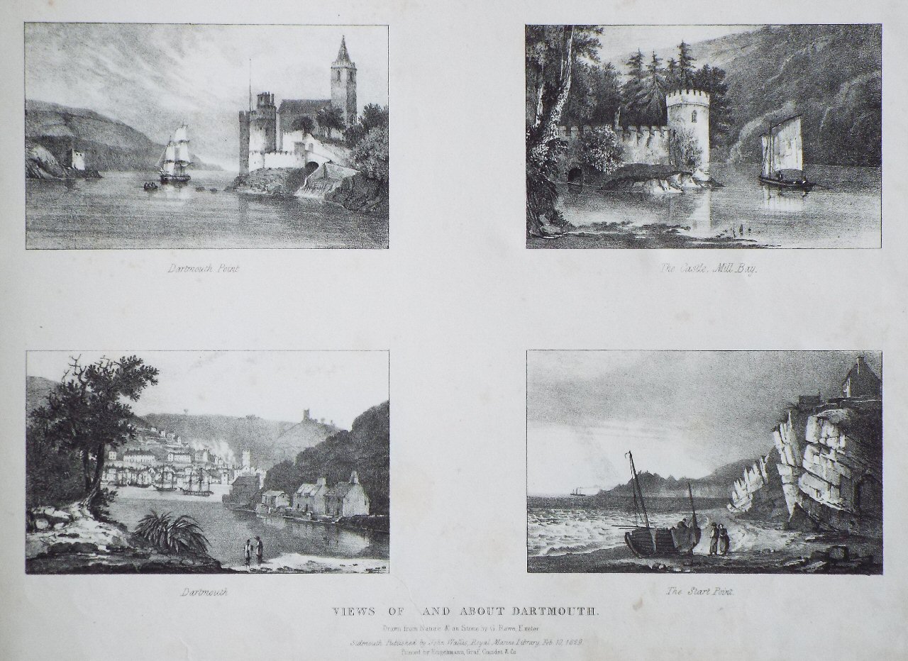Lithograph - Views of and about Dartmouth. Dartmouth Point, The Castle Mill Bay, Dartmouth, The Start Point - Rowe