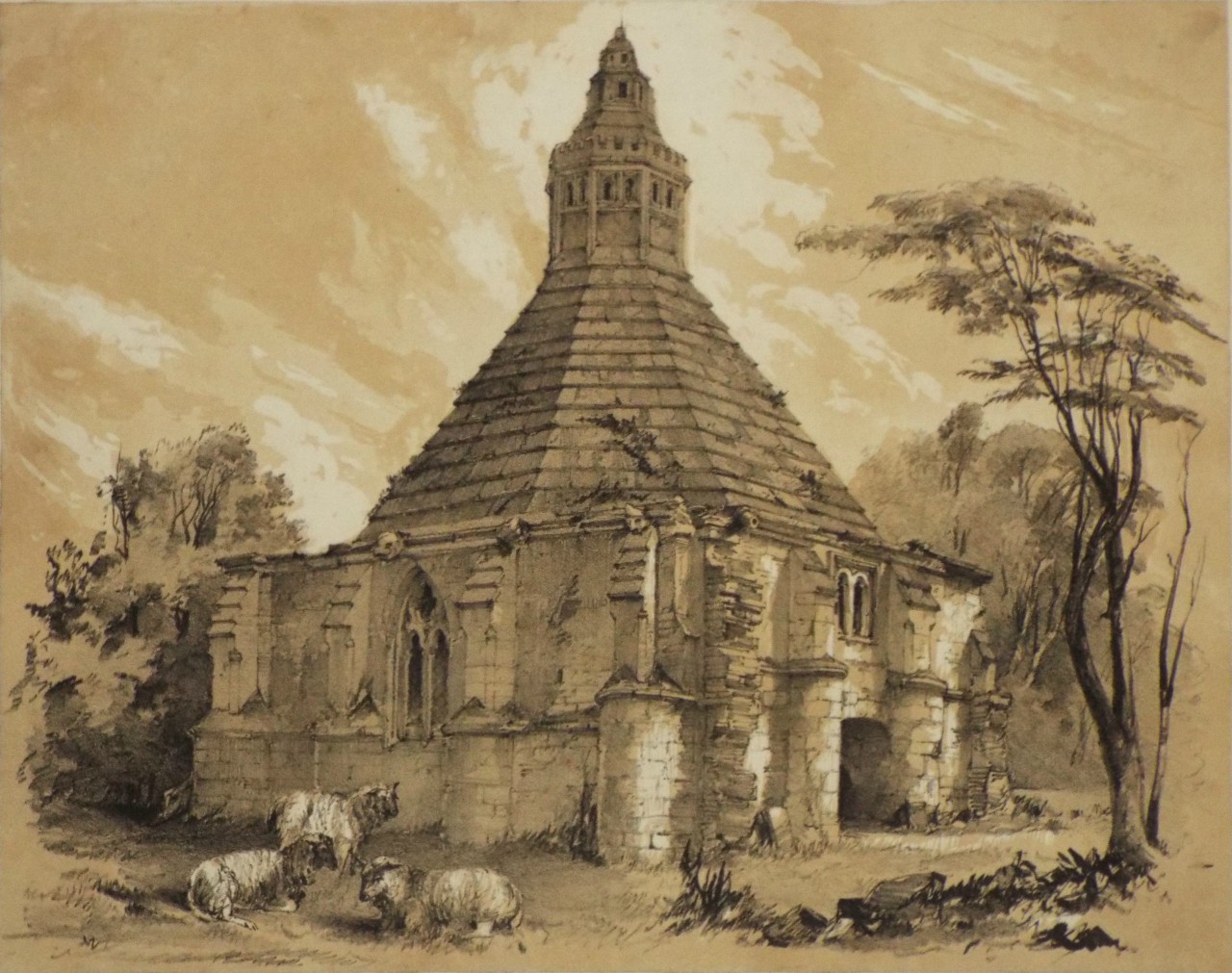 Lithograph - The Kitchen, Glastonbury Abbey.