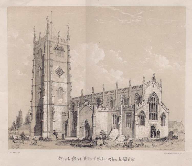 Lithograph - N.W.View of Calne Church, Wilts - Bury