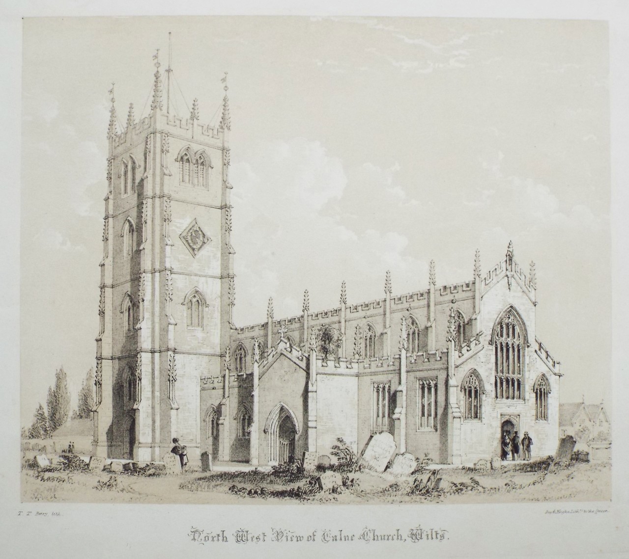 Lithograph - N.W.View of Calne Church, Wilts - Bury