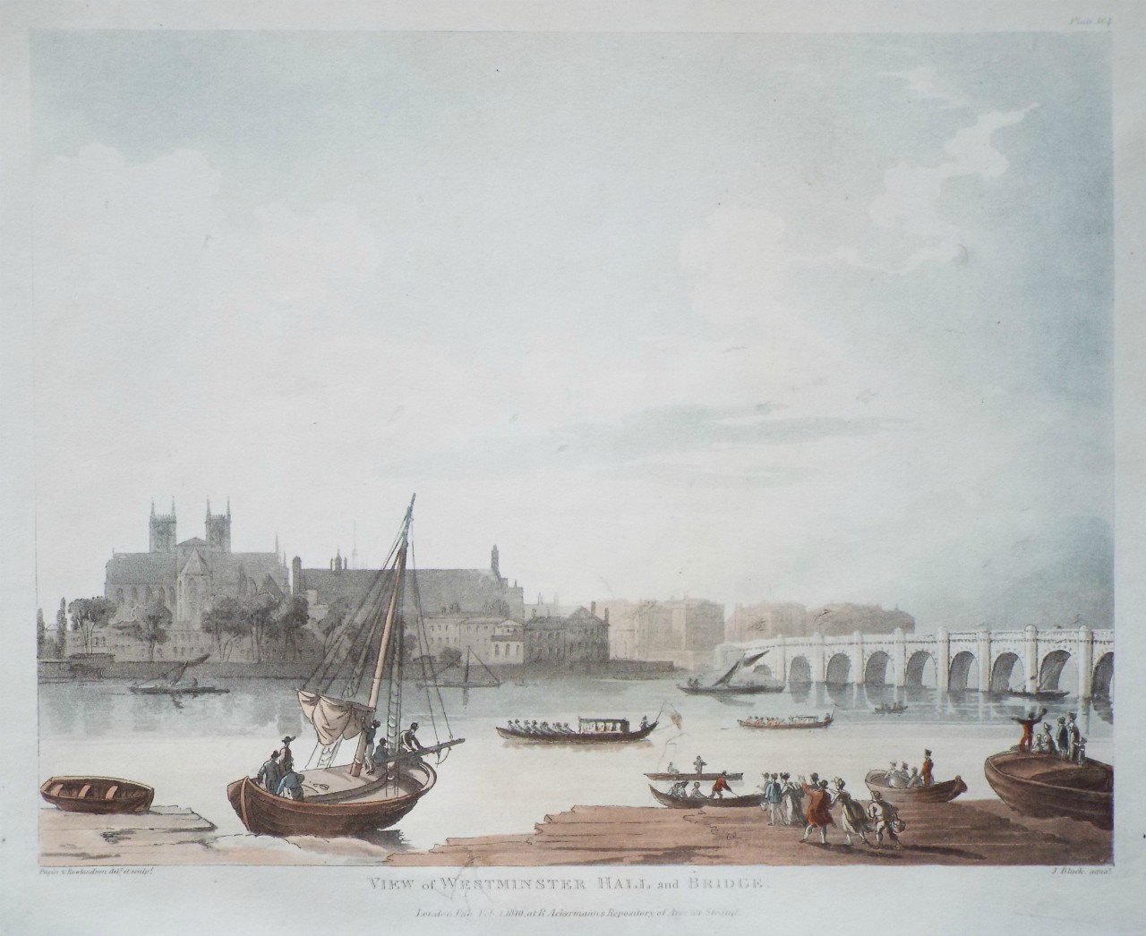 Aquatint - View of Westminster Hall and Bridge - Bluck