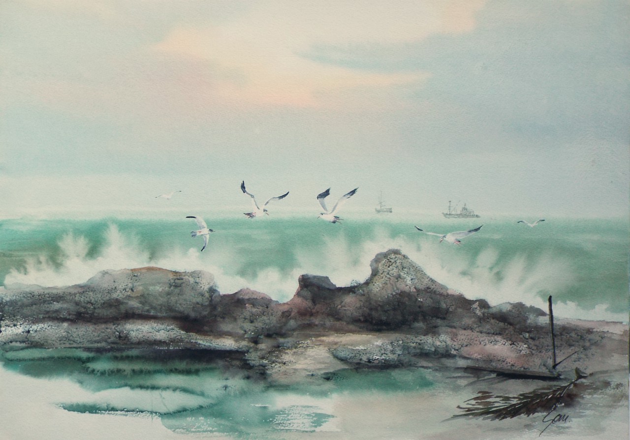 Watercolour - Oriental coastal landscape