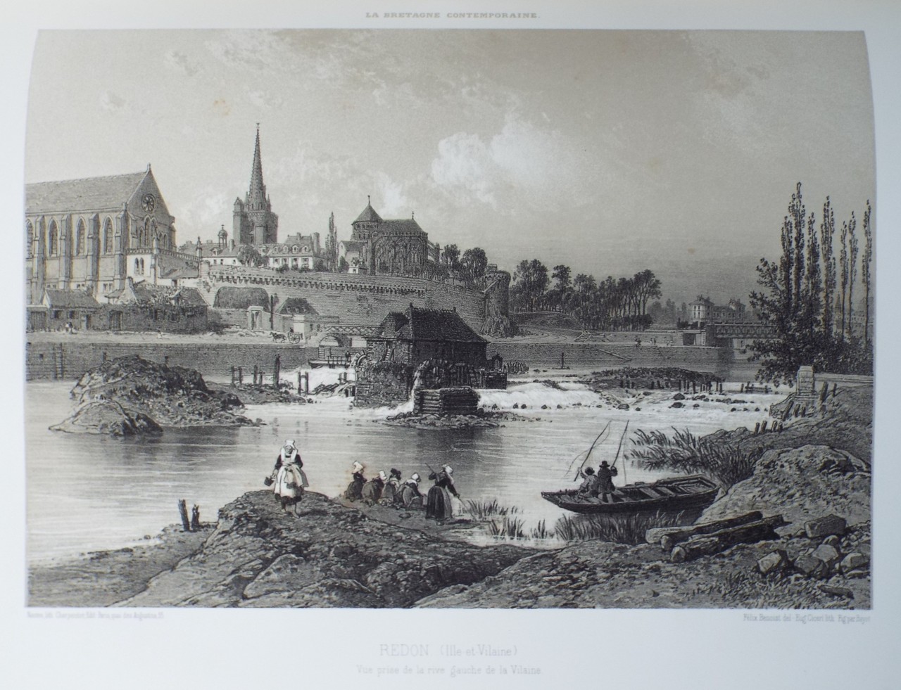 Lithograph - Redon. (Ille-et-Vilaine) Vue prise de la rive gauche de la Vilaine. - Ciceri