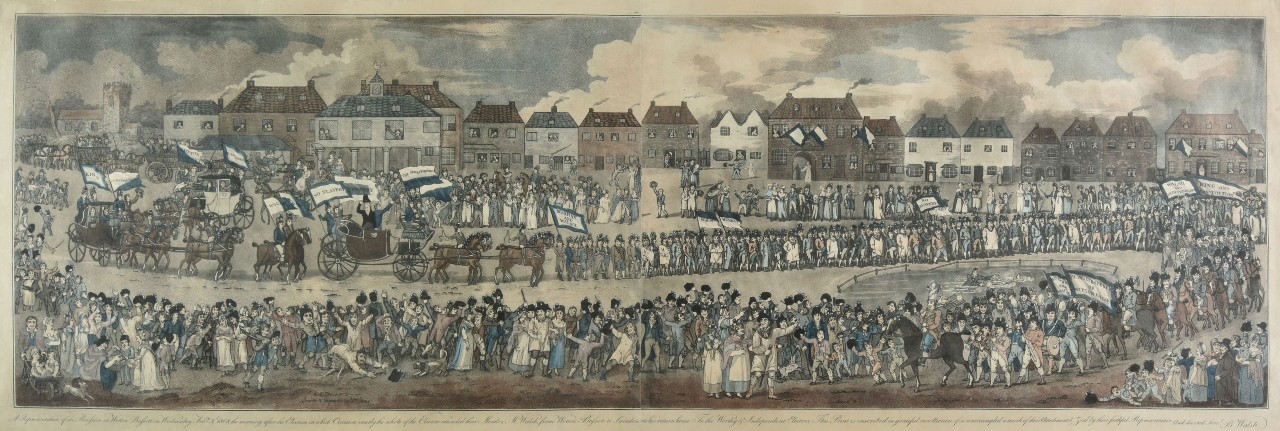 Aquatint - A Representation of the Procession at Wotton Bassett on Wednesday, Feb.y 3.d 1808, the morning after the Election, on which occasion nearly the whole of the Electors attended their Member, Mr Walsh, from Wotton Bassett to Swindon, on his return home. To the Worthy and Independent Electors, this Print is inscribed in grateful recollection of so unexampled a mark of their Attachment & zeal by their faithful Representative and devoted Serv.t B. Walsh. - Elmes