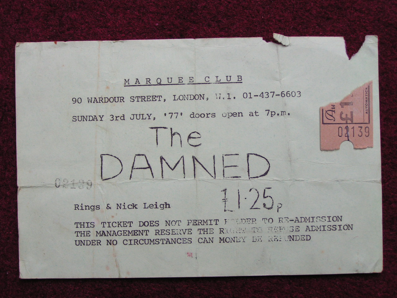 Ticket Stub - The Damned Marquee Club 3/7/77