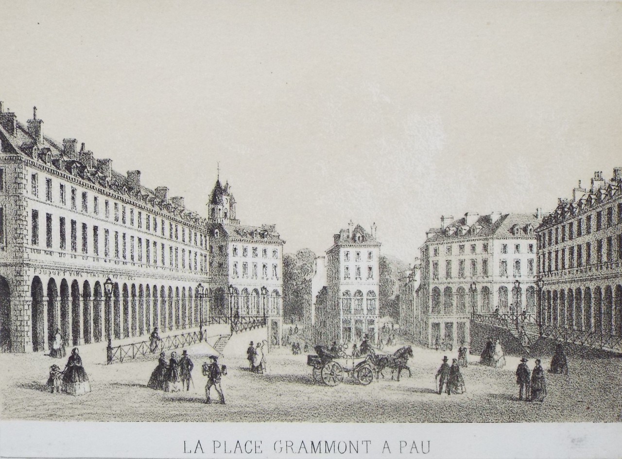 Lithograph - La Place Grammont a Pau