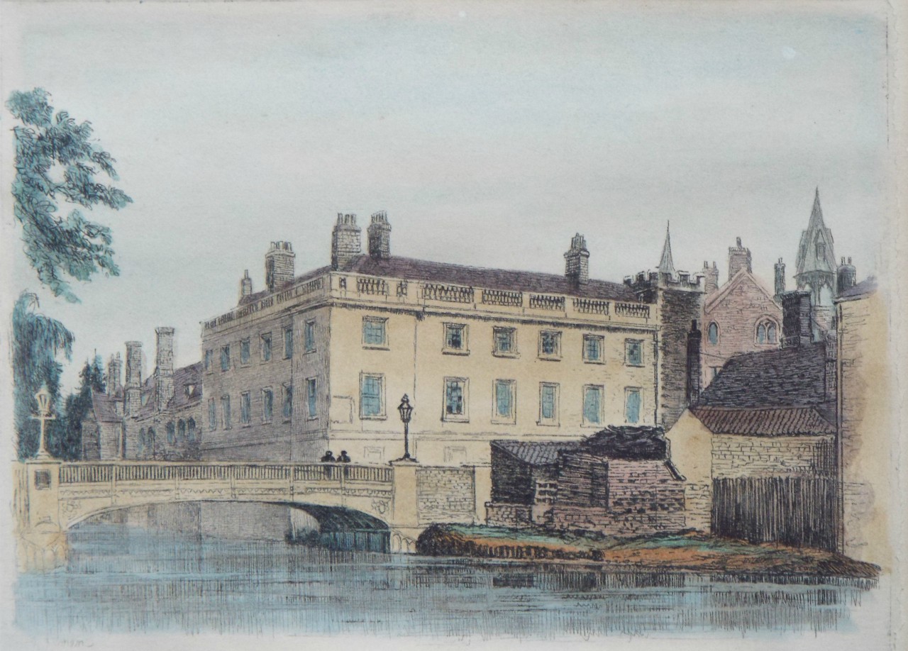 Etching - Queens' College and Small Bridge, from the River  - Farren