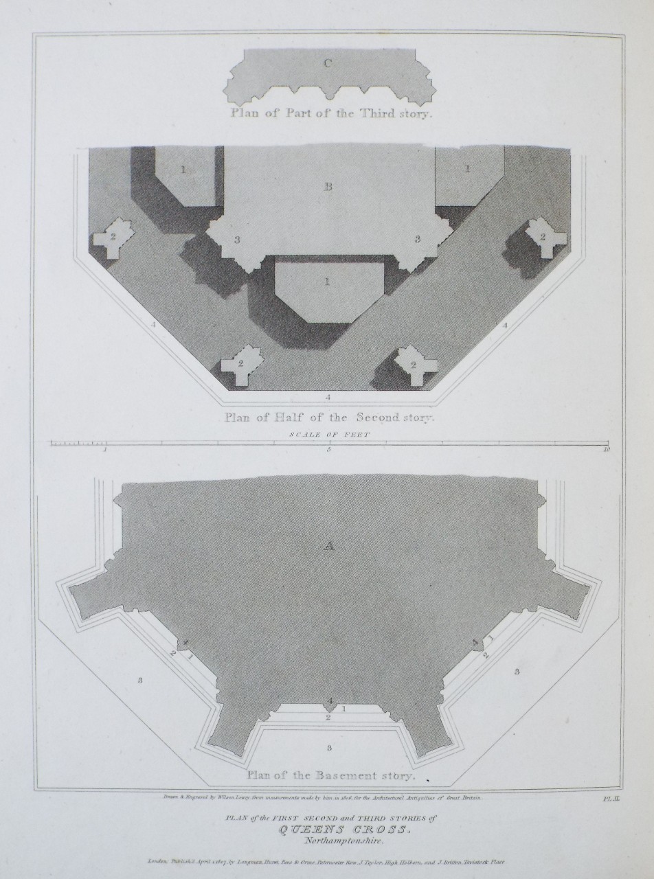 Print - Plan of the First Second and Third Stories of Queen's Cross. Northamptonshire. - Lowry