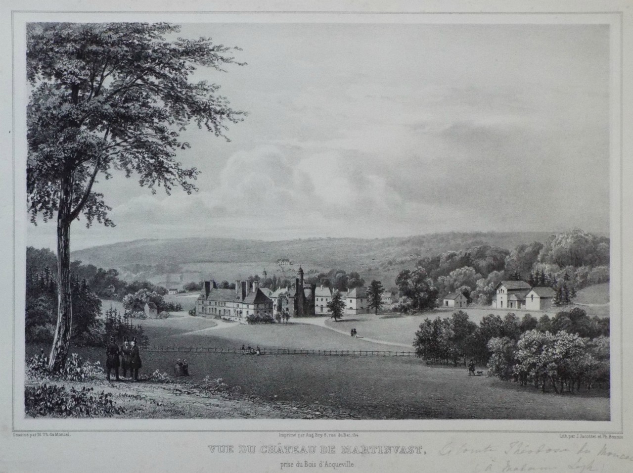 Lithograph - Vue du Chateau de Martinvast, prise du Bois d'Acqueville. - Jacottet