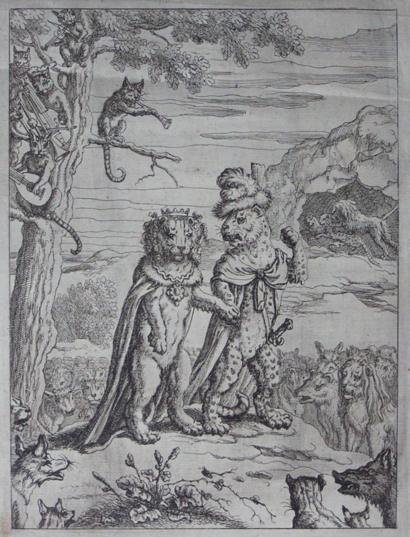 Etching - (C17th Leopard and Lioness as king and queen?) - Barlow
