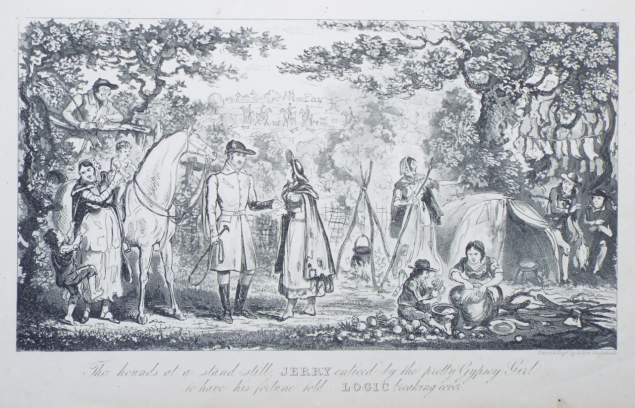 Aquatint - The Hounds at a stand-still Jerry enticed by the pretty Gypsey Girl to have his fortune told. Logic breaking cover. - Cruikshank