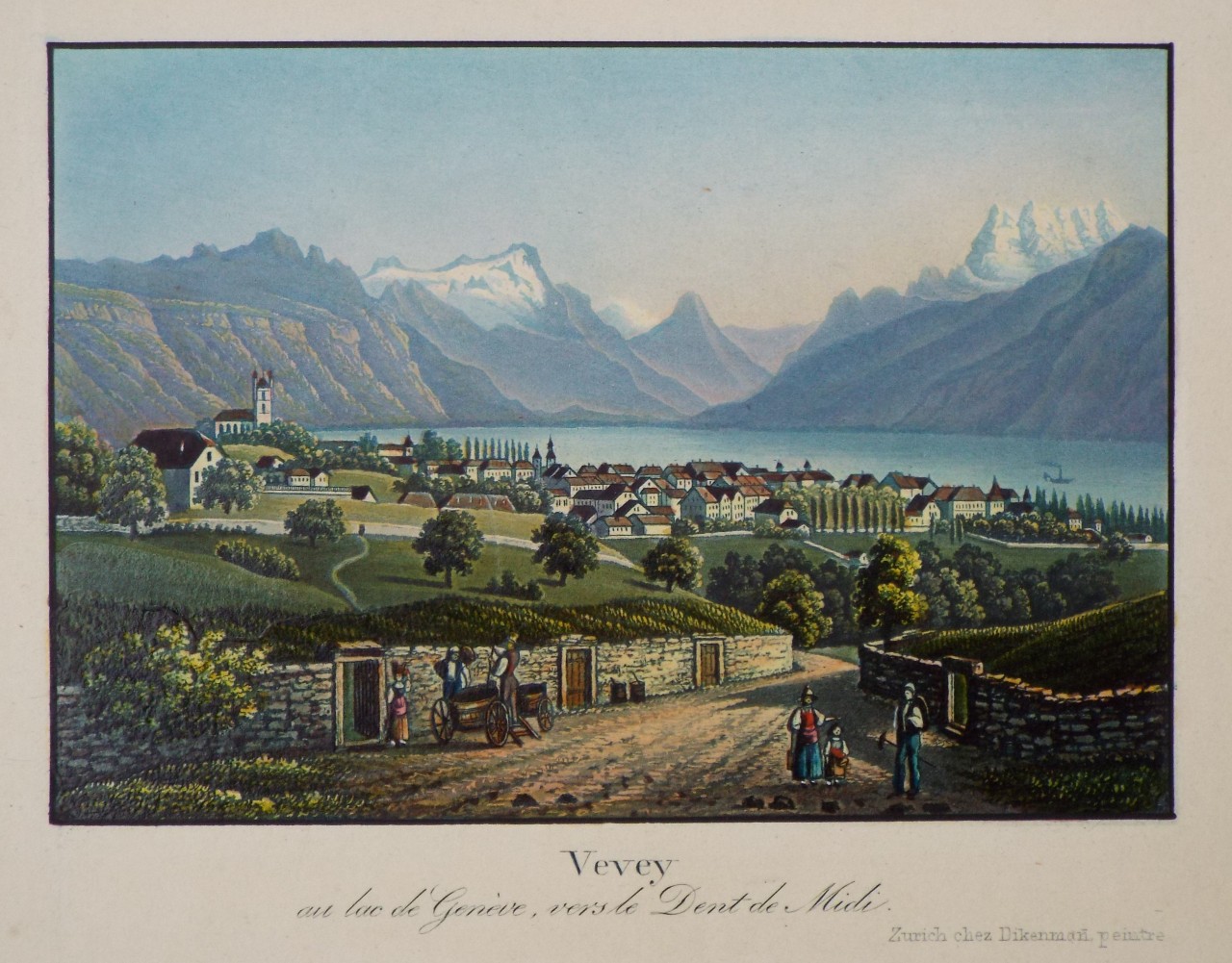 Aquatint - Vevey au lac de Geneve, vers le Dent de Midi.