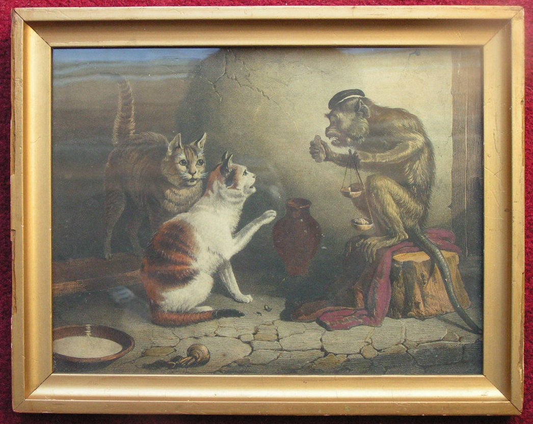 Chromolithograph - (Two cats and a Monkey)