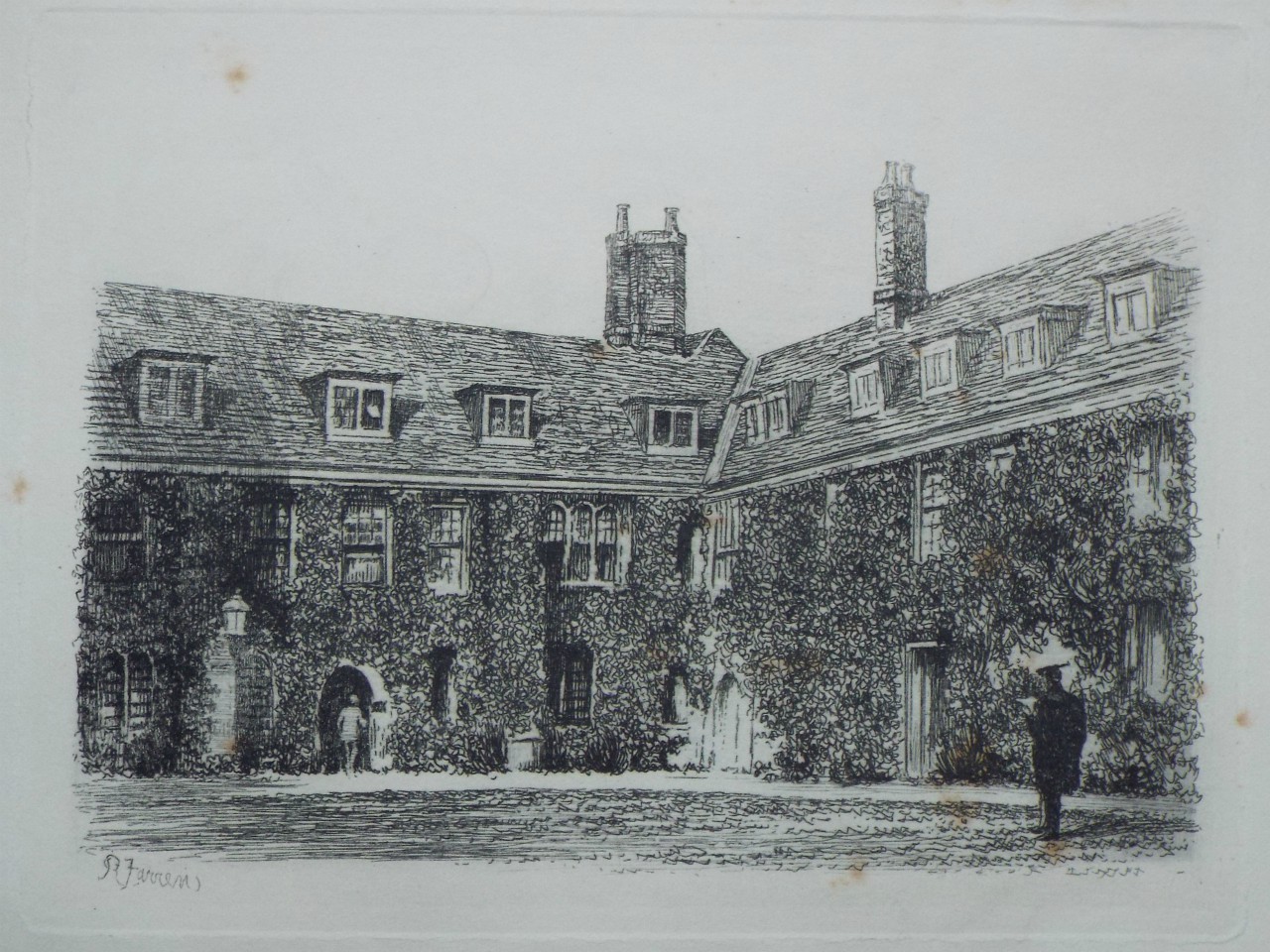 Etching - Corpus Christi College, the Old Court - Farren