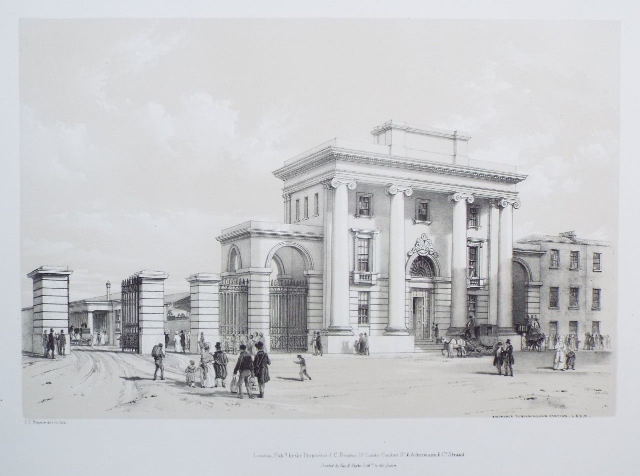 Lithograph - Entrance to Birmingham Station, L. & B. R. - Bourne